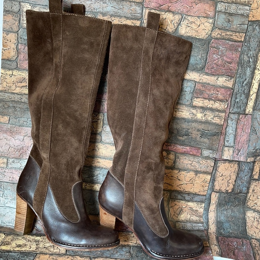 Frye Brown Suede & Leather Heeled Knee Boots
